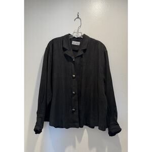 JOON Collection Black Linen Shirt Button Front Artsy Lagenlook USA Pleated Back